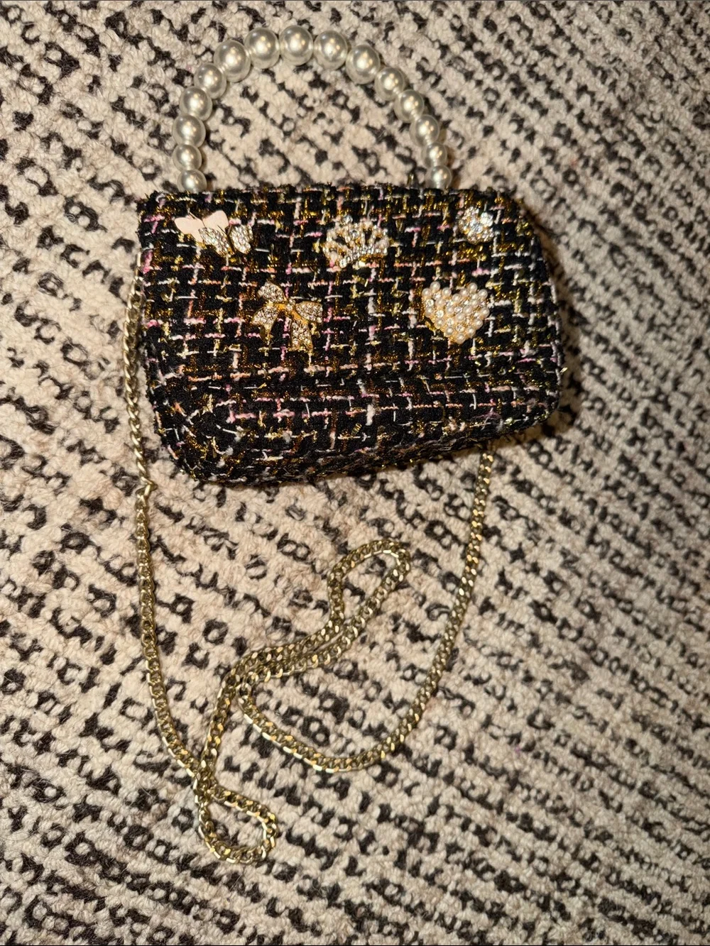 Black Multi Tweed Mini Bag with Pearl Handle